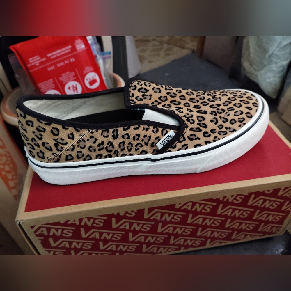 Vans Tan and Black Leopard Slip-On Shoes